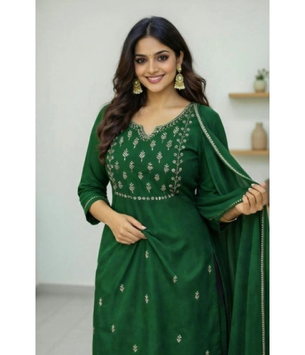 Generic Women's Georgette Ethnic Motif Round 3/4th Sleeve Kurti With Pant Dupatta Set (Green)