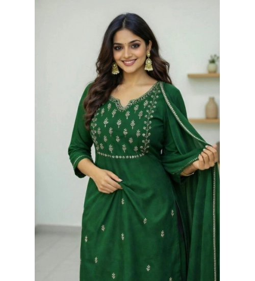 Generic Women's Georgette Ethnic Motif Round 3/4th Sleeve Kurti With Pant Dupatta Set (Green)