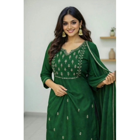 Generic Women's Georgette Ethnic Motif Round 3/4th Sleeve Kurti With Pant Dupatta Set (Green)