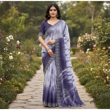 Generic Women's Georgette Striped Saree With Unstitched Blouse 5.5Mtr (Purple)