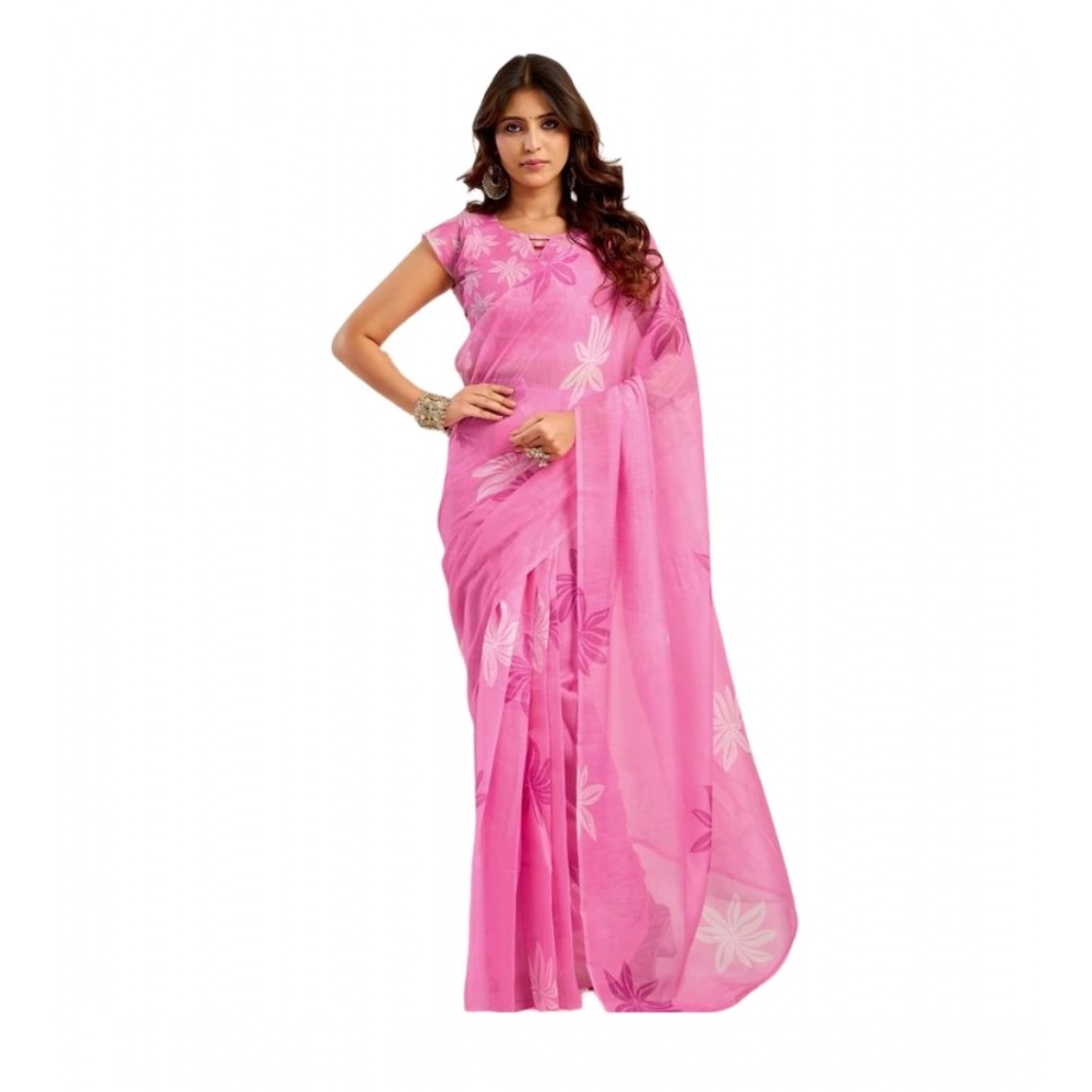 Generic Women's Linen Cotton Printed Ready To Wear Saree With Unstitched Blouse 5.5 Mtr (Light_Pink)