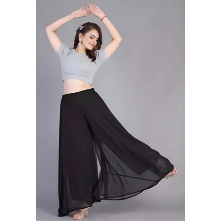 Generic Women's Pack of 1 Georgette Solid High Rise Wide Leg Flared Palazzo Pants with Elastic Waist (Black)