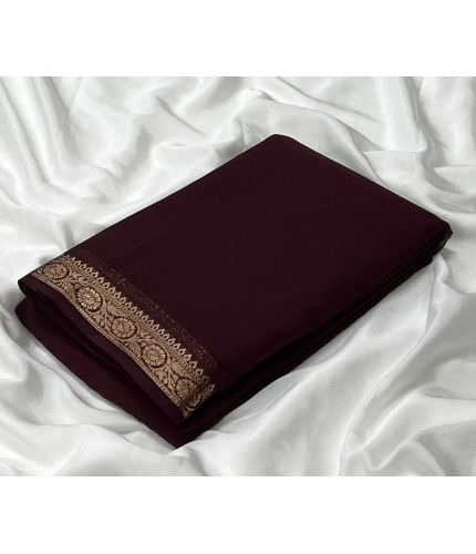 Generic Women's Crepe Chit Pallu Solid Saree With Unstitched Blouse 5.5Mtr (Brown)