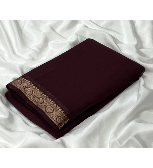 Generic Women's Crepe Chit Pallu Solid Saree With Unstitched Blouse 5.5Mtr (Brown)