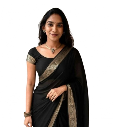 Generic Women's Vichitra Silk Printed Saree With Unstitched Blouse 5.5Mtr (Black)