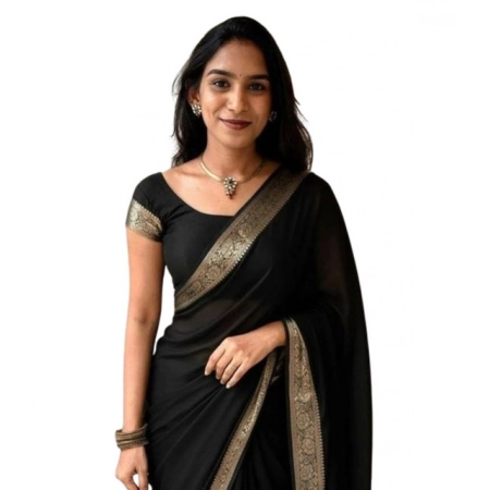 Generic Women's Vichitra Silk Printed Saree With Unstitched Blouse 5.5Mtr (Black)