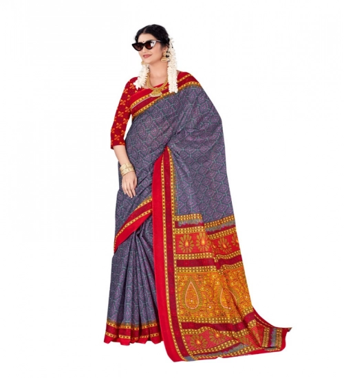 Generic Women's Soft Pure Cotton Printed Saree With Unstitched Blouse 5.5Mtr (Grey)