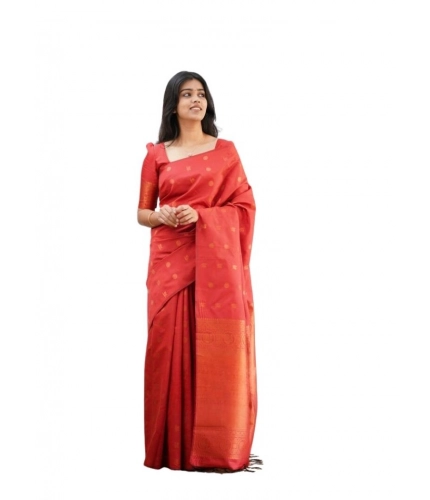 Generic Women's Soft Lichi Silk Printed Saree With Unstitched Blouse 5.5Mtr (Red)
