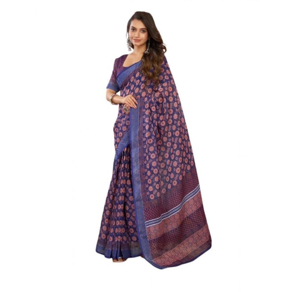 Generic Women's Linen Cotton Printed Ready To Wear Saree With Unstitched Blouse 5.5 Mtr (Dark_Navy_Blue) Generic Women's Linen Cotton Printed Ready To Wear Saree With Unstitched Blouse 5.5 Mtr (Dark_Navy_Blue)