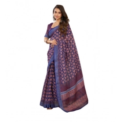 Generic Women's Linen Cotton Printed Ready To Wear Saree With Unstitched Blouse 5.5 Mtr (Dark_Navy_Blue)