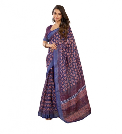 Generic Women's Linen Cotton Printed Ready To Wear Saree With Unstitched Blouse 5.5 Mtr (Dark_Navy_Blue)