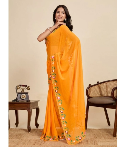 Generic Women's Georgette Printed Saree With Unstitched Blouse 5.5Mtr (Yellow)