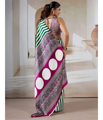 Generic Women's Satin Crepe Printed Saree With Unstitched Blouse 5.5Mtr (Green)