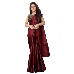 Generic Women's Satin Printed Saree With Unstitched Blouse 5.5Mtr (Maroon)