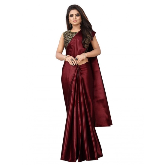 Generic Women's Satin Printed Saree With Unstitched Blouse 5.5Mtr (Maroon)