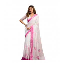 Generic Women's Linen Cotton Printed Ready To Wear Saree With Unstitched Blouse 5.5 Mtr (Light_White)