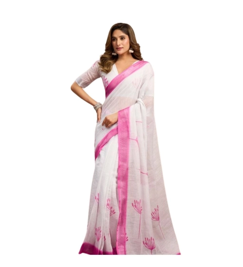 Generic Women's Linen Cotton Printed Ready To Wear Saree With Unstitched Blouse 5.5 Mtr (Light_White)