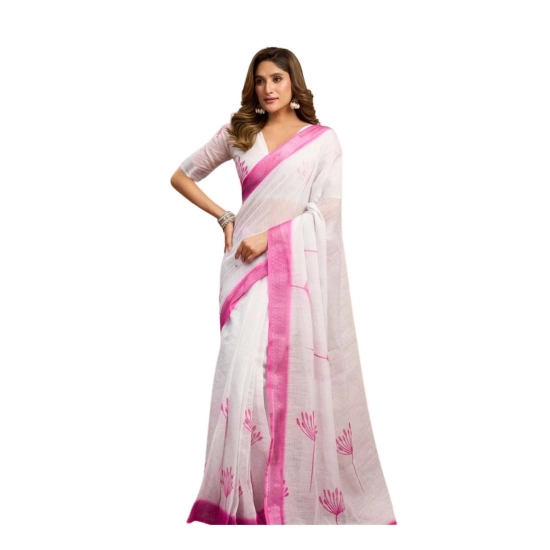 Generic Women's Linen Cotton Printed Ready To Wear Saree With Unstitched Blouse 5.5 Mtr (Light_White)