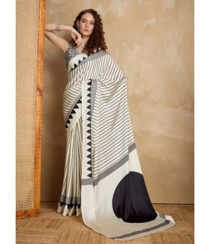 Generic Women's Satin Crepe Printed Saree With Unstitched Blouse 5.5Mtr (White)
