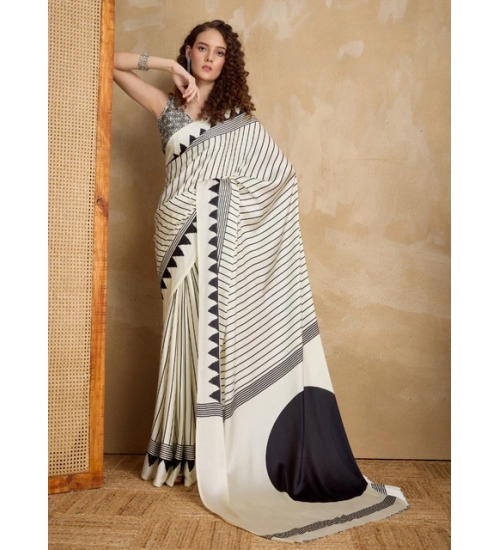 Generic Women's Satin Crepe Printed Saree With Unstitched Blouse 5.5Mtr (White)