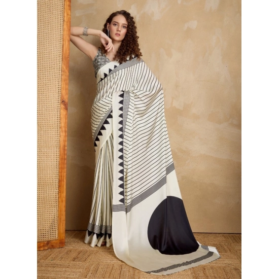 Generic Women's Satin Crepe Printed Saree With Unstitched Blouse 5.5Mtr (White)