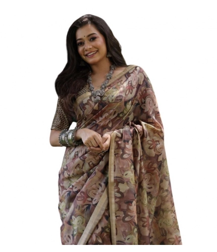 Generic Women's Faux_Tussar_Silk Abstract_Print Saree With Unstitched Blouse 5.5Mtr (Brown)