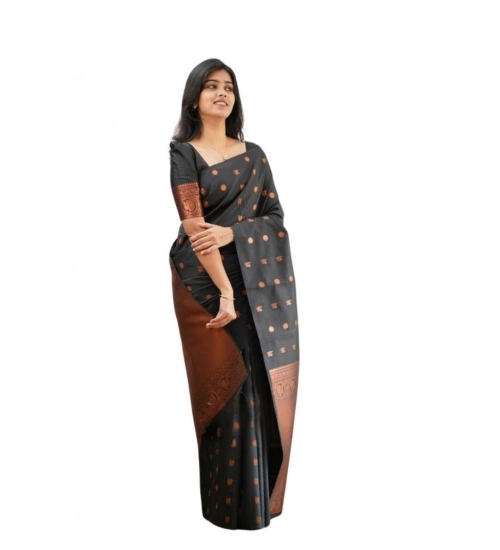 Generic Women's Soft Lichi Silk Printed Saree With Unstitched Blouse 5.5Mtr (Black)