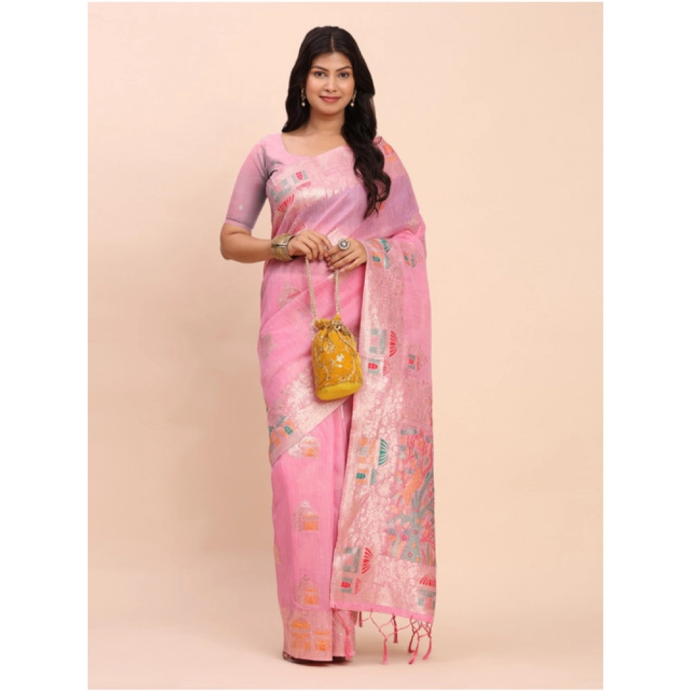 Generic Women's Linen Cotton Printed Saree With Unstitched Blouse 5.5Mtr (Pink)