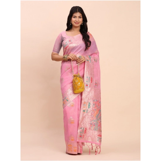 Generic Women's Linen Cotton Printed Saree With Unstitched Blouse 5.5Mtr (Pink)