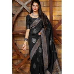Generic Women's Litchi silk Printed Saree With Unstitched Blouse (Black)