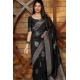 Generic Women's Litchi silk Printed Saree With Unstitched Blouse (Black)