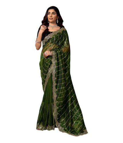 Generic Women's Net Sequence Saree With Unstitched Blouse 5.5Mtr (Green)
