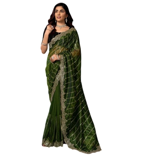 Generic Women's Net Sequence Saree With Unstitched Blouse 5.5Mtr (Green)