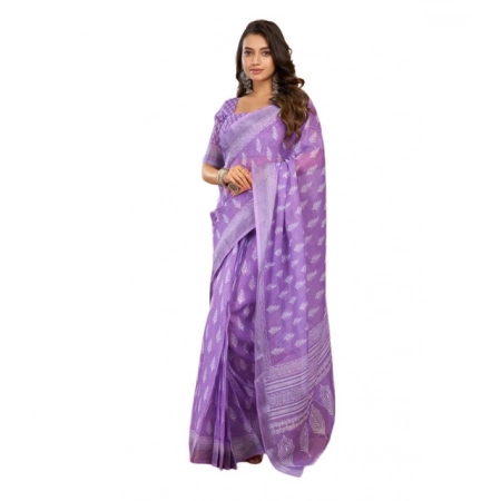 Generic Women's Linen Cotton Printed Ready To Wear Saree With Unstitched Blouse 5.5 Mtr (Lavender)