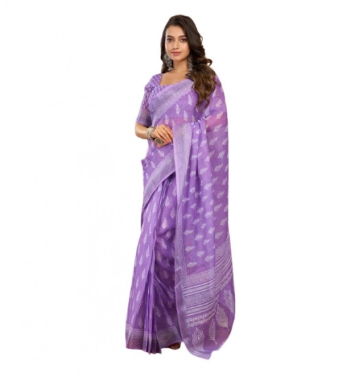 Generic Women's Linen Cotton Printed Ready To Wear Saree With Unstitched Blouse 5.5 Mtr (Lavender)