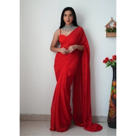 Generic Women's Georgette Solid Saree With Unstitched Blouse 5.5Mtr (Red)