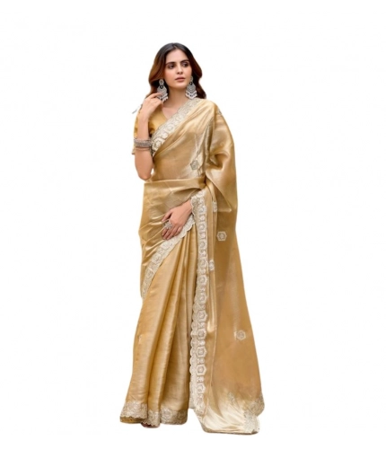 Generic Women's Faux Shimmer Geometric Ready to wear Saree With Unstitched Blouse 5.5Mtr (Beige) Generic Women's Faux Shimmer Geometric Ready to wear Saree With Unstitched Blouse 5.5Mtr (Beige)