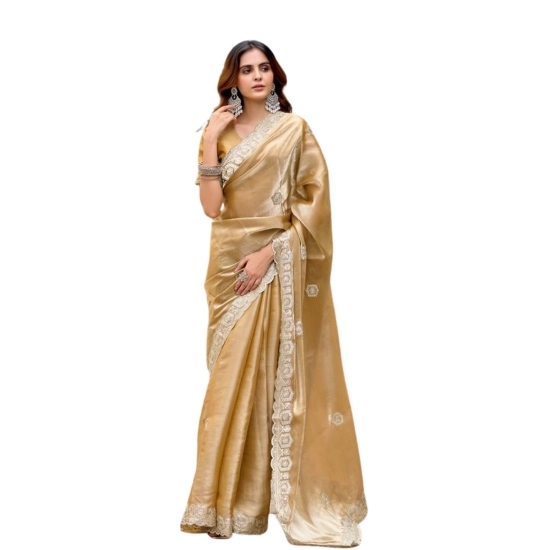 Generic Women's Faux Shimmer Geometric Ready to wear Saree With Unstitched Blouse 5.5Mtr (Beige) Generic Women's Faux Shimmer Geometric Ready to wear Saree With Unstitched Blouse 5.5Mtr (Beige)