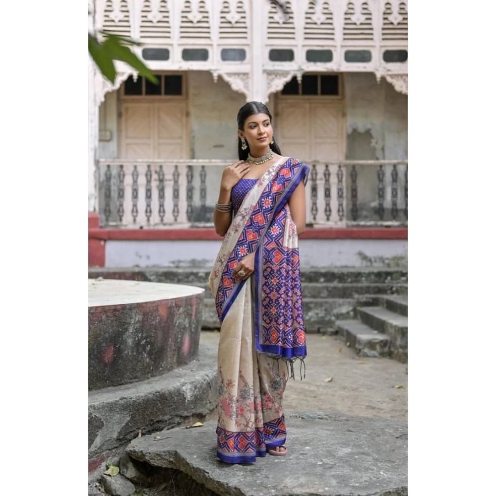 Women's Faux_Tussar Floral Jal With Patola Print Saree With Unstitched Blouse 5.5Mtr (Blue)