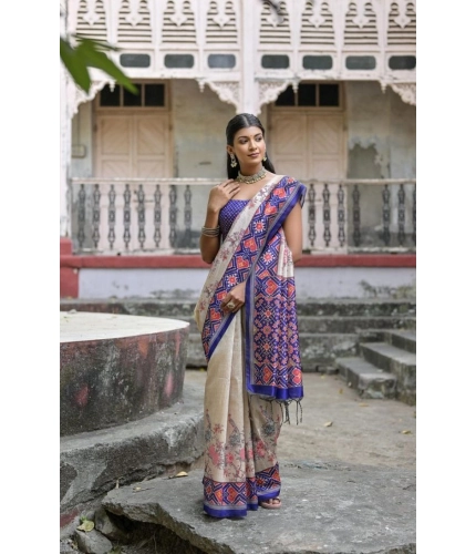 Generic Women's Faux_Tussar Floral Jal With Patola Print Saree With Unstitched Blouse 5.5Mtr (Blue)