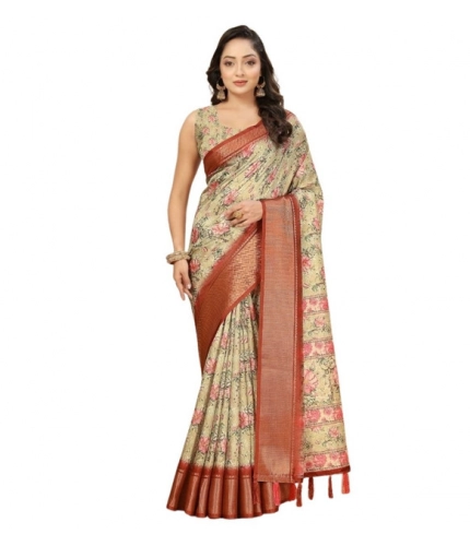 Generic Women's Cotton Silk Floral Printed Saree With Unstitched Blouse 5.5Mtr (Gold)