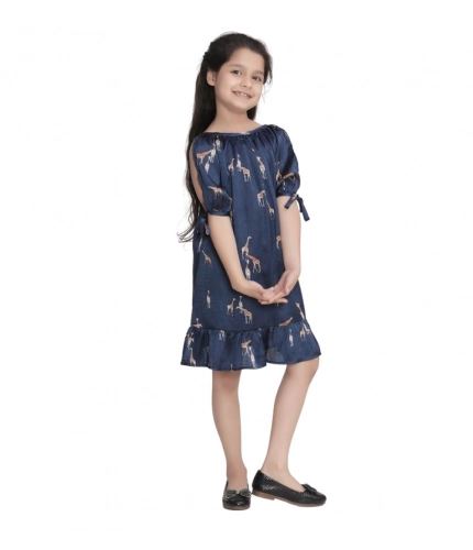 Generic Girl's Satin Animal Print Sleeveless Dress (Blue)