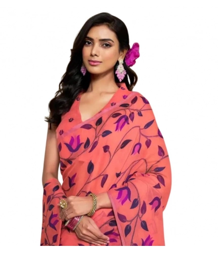 Generic Women's Georgette Printed Saree With Unstitched Blouse 5.5Mtr (Peach)