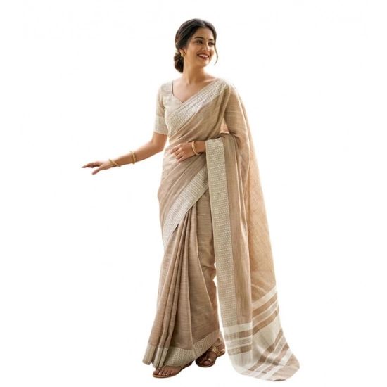 Generic Women's Linen Striped Saree With Unstitched Blouse 5.5Mtr (Lite Brown) Generic Women's Linen Striped Saree With Unstitched Blouse 5.5Mtr (Lite Brown)