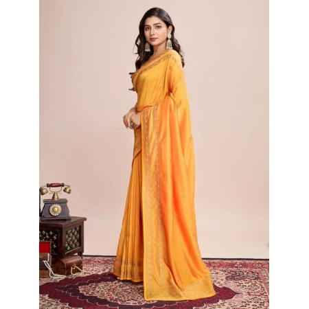 Generic Women's Vichitra Silk Embroidery Work Saree With Unstitched Blouse 5.5Mtr (Mustard)