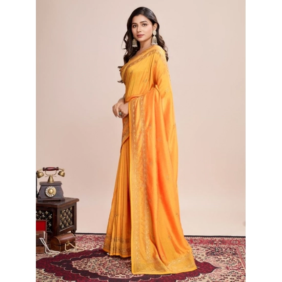 Generic Women's Vichitra Silk Embroidery Work Saree With Unstitched Blouse 5.5Mtr (Mustard)