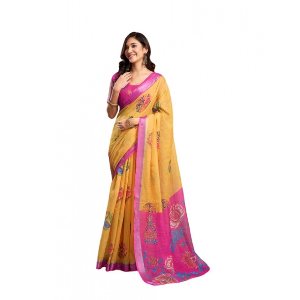 Generic Women's Faux_Linen Printed Ready-to-Wear Saree With Unstitched Blouse 5.5 Mtr (Yellow)