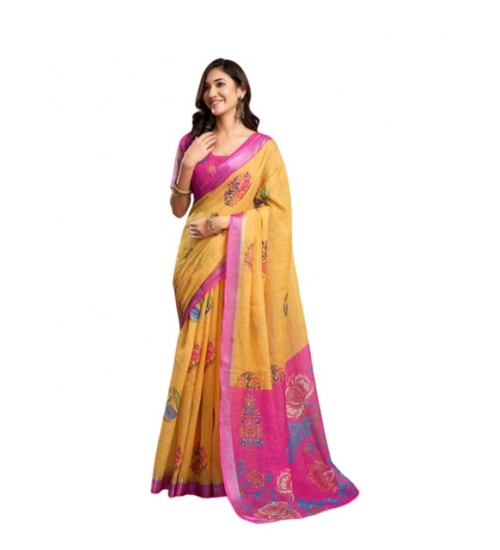 Generic Women's Faux_Linen Printed Ready-to-Wear Saree With Unstitched Blouse 5.5 Mtr (Yellow)