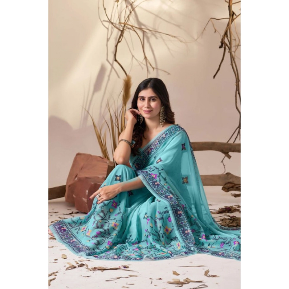 Generic Women's Georgette Printed Saree With Unstitched Blouse 5.5Mtr (Aqua_Blue)