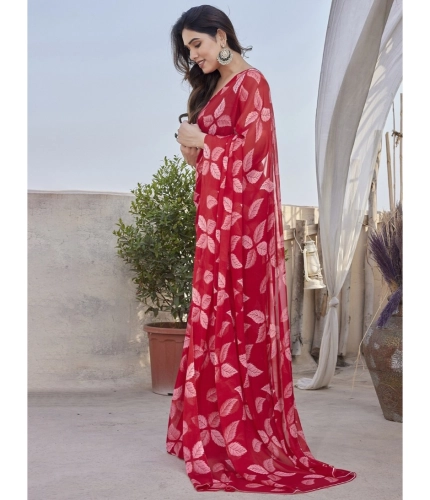 Generic Women's Chiffon Printed Saree With Unstitched Blouse 5.5Mtr (Red)